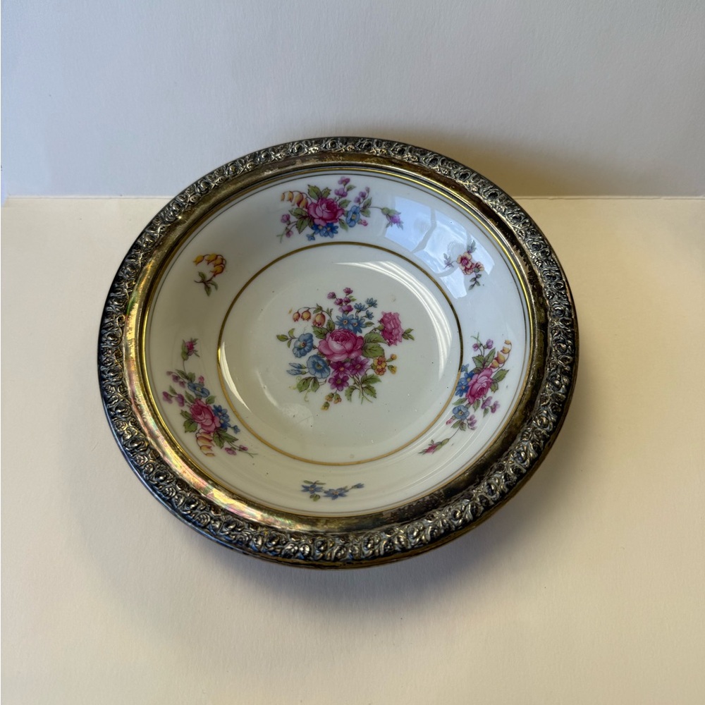 Vintage Ormolu Gilt Bavaria Tirschenreuth Floral Wallace Sterling 301 Trim Bowl.